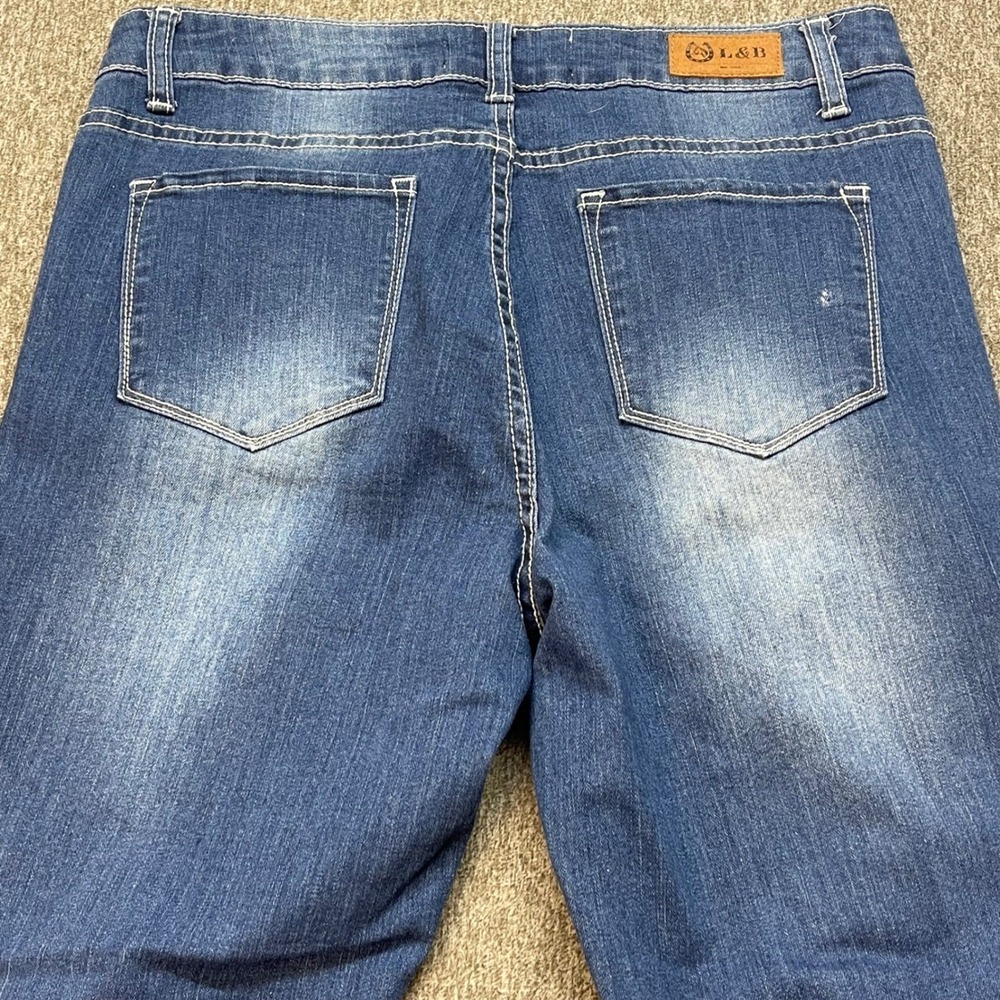 L&B Baseball Patch Distressed Jeans Womens 14 Medium Wash Straight‎ Leg Stretch - Picture 5 of 11